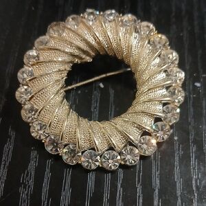 BKE Gold and Clear Crystal Circular Wreath Brooch